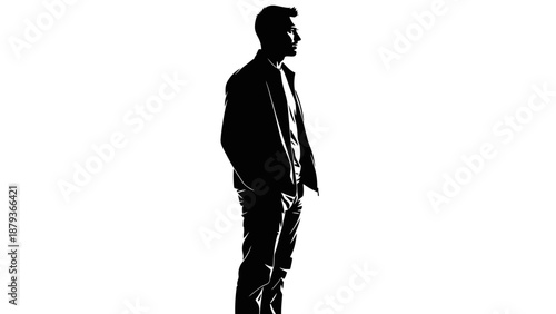 Silhouette of a man in a jacket and jeans standing with hands in pockets, looking to the side.