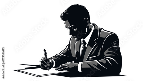 A man in a suit diligently signs a document with a pen, emphasizing focus and professionalism.