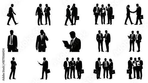 Collection of Silhouettes of Businessmen in Various Professional Settings and Interactions.