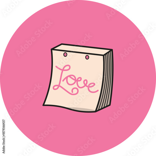 Vector-style image of a notepad or calendar page with two top holes and the word “Love” in cursive, placed on a soft pink circular background. Represents affection, emotional expression, and romantic 
