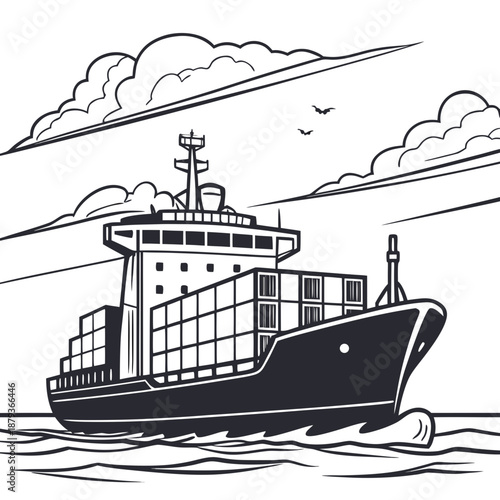 Illustrated cargo ship at sea