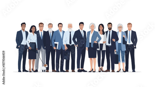 A diverse group of business professionals, men and women, stand together in a line, some holding documents, against a white background.