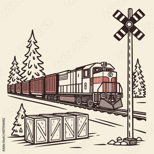 Illustrated train crossing railroad tracks