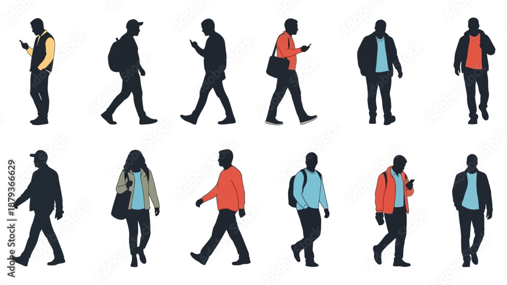 Fototapeta premium Collection of diverse silhouettes of people walking and using their mobile phones, presented in two rows against a white background.