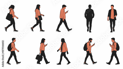 Collection of diverse people walking in profile and front view, some using mobile phones, in a minimalist style.