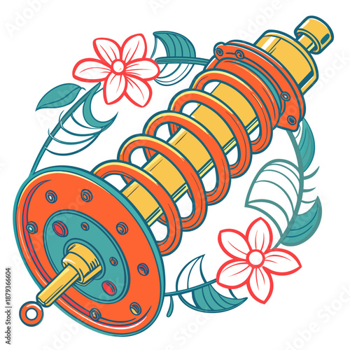 Illustrated car shock absorber with flowers