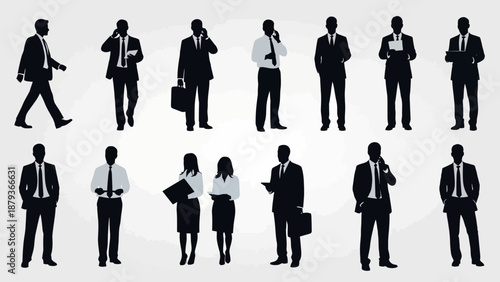 Silhouettes of business people in various poses, including walking, talking on phones, and holding briefcases.