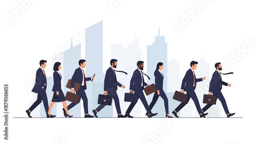 A diverse group of business professionals walking in a line with city buildings in the background.