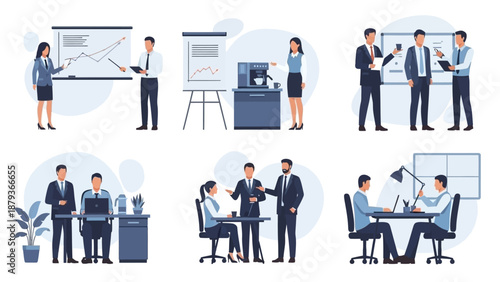 Illustrations depicting various business meeting scenarios, including presentations, discussions, and collaborative work.