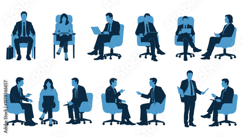 Collection of diverse business people in various seated and standing poses, some interacting, others working on laptops or holding documents.