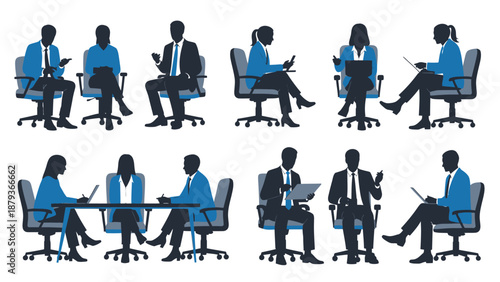Silhouettes of business people in various meeting and working poses, seated in office chairs.