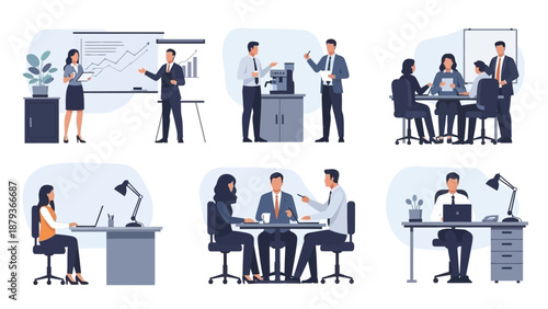 A collection of six illustrations depicting various business meeting and office scenarios, showcasing teamwork and professional interactions.