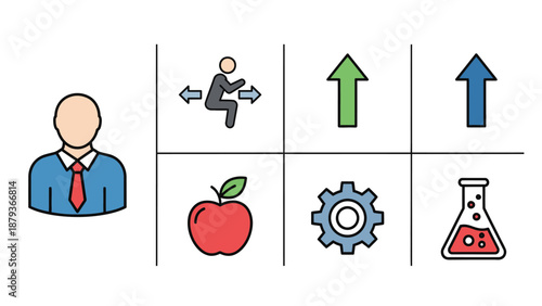 Illustration of a person with icons representing health, growth, and science, suggesting personal development and progress.