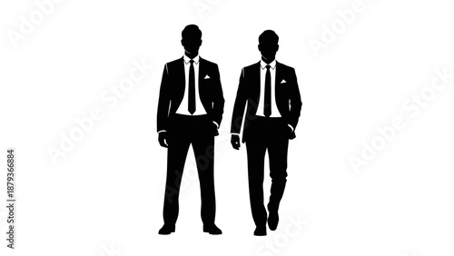 Two silhouetted men in suits standing side by side against a white background.