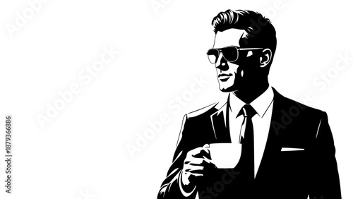 A stylish man in a suit and sunglasses holds a cup of coffee, looking off to the side with a confident expression.