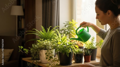 Woman watering indoor plants near a window with sunlight and copy space