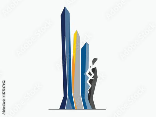 Abstract illustration of tall, modern buildings with one showing a crack, symbolizing growth and potential fragility.