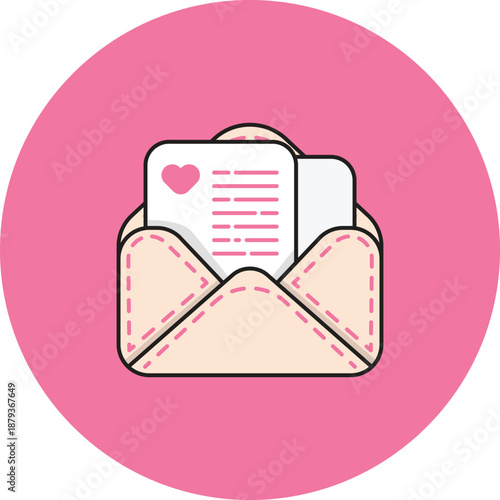Open Love Letter Envelope Icon in Pink Circle Flat Vector. Cute and romantic communication icon suitable for Valentine themes, dating apps, messaging UI, wedding designs, and romantic projects.