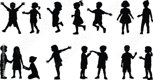 Active kids silhouette collection featuring running, jumping, playing and interacting children poses, black child figures vector illustration isolated on white background