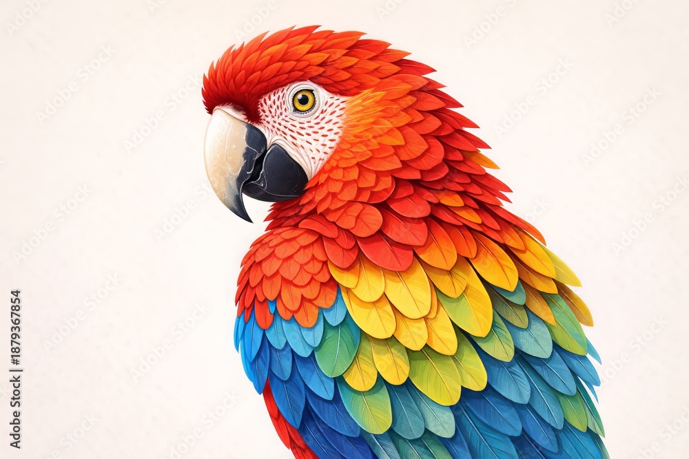 Fototapeta premium A detailed illustrative portrait of a tropical parrot rendered in layered feather shapes. Vibrant red, blue, yellow, and green tones, strong textural depth, painterly style, sharp eye focus