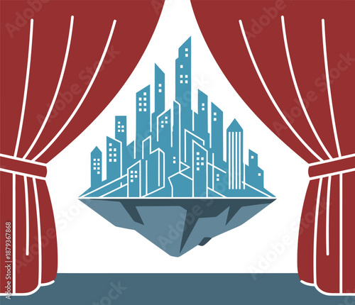 Minimalist flat two color vector icon of theatre curtains opening to reveal floating city World Theatre Day