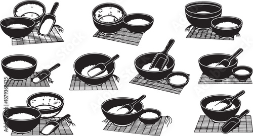 Black and white kitchen utensils and cookware illustration set