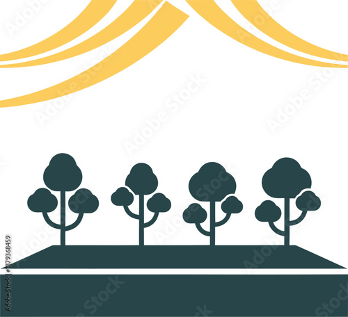 Minimalist flat two color vector icon of a theatre stage with tiny trees growing World Theatre Day