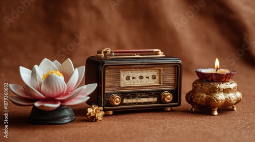 Vintage Radio, Lotus Flower, and Candle Still Life Composition.