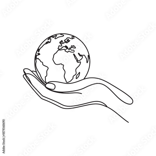 Hand Holding Earth Minimalist Continuous Line Art Illustration