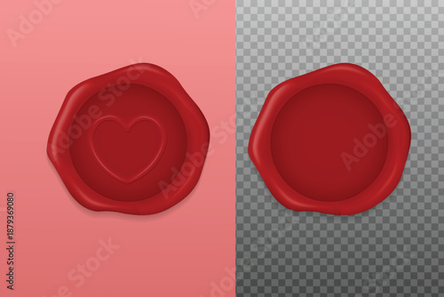 Realistic 3D wax seal stamp with heart symbol. Ideal for romantic invitations, wedding stationery, Valentine designs, and vintage-style decorations.