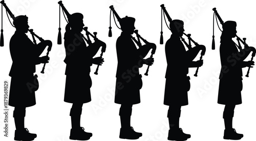 Scottish bagpiper silhouettes set, traditional folk musicians performing in side view poses, cultural heritage music theme, black flat vector illustration isolated on white background