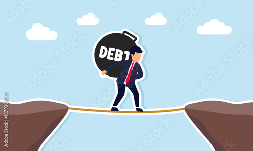 Businessman carrying debt burden on a rope across a canyon illustrating maximum debt limit in business finance