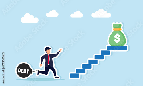 Businessman chained by debt running toward stairs with money bags illustrating limited business freedom under financial burden