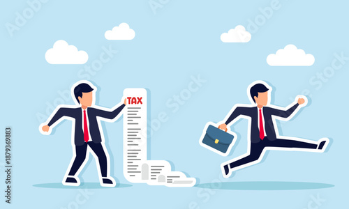 Businessman running as another businessman shows a long paper list marked tax illustrating tax collection for business companies