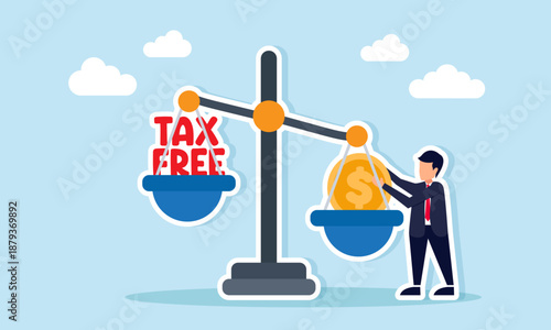Businessman placing dollar coins on legal scale with tax free text illustrating income growth from tax exemption or tax amnesty