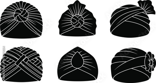 Traditional Indian turban vector set, black silhouette headwear collection, ethnic groom pagri designs, cultural fashion icons for wedding, festival, heritage illustration