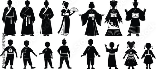 Traditional Japanese people silhouettes set, men women and children wearing kimono and yukata, cultural costume vector illustration collection