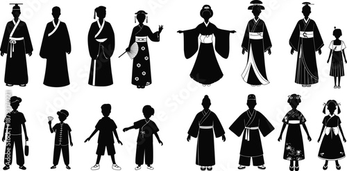 Traditional Japanese people silhouettes set, men women and children wearing kimono and yukata, cultural costume black vector illustration collection