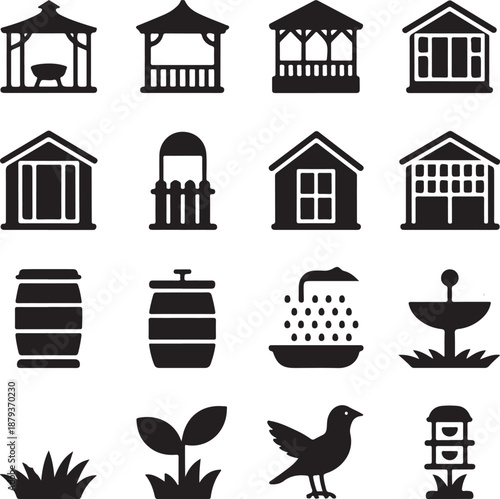 Collection of garden structures and elements including gazebos sheds barrels fountains plants and birdhouse isolated on transparent background