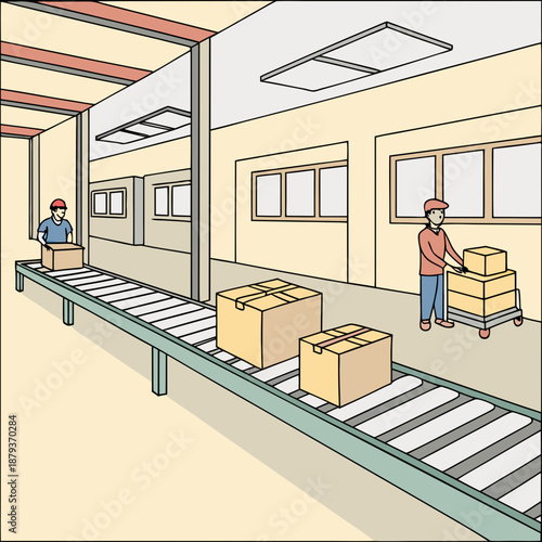 Warehouse workers operating conveyor belt