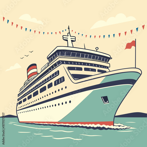 Illustrated cruise ship at sea