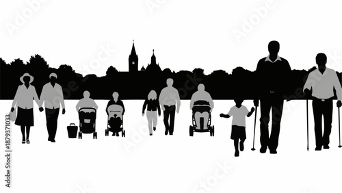 Diverse group of people walking in silhouette against a city skyline.