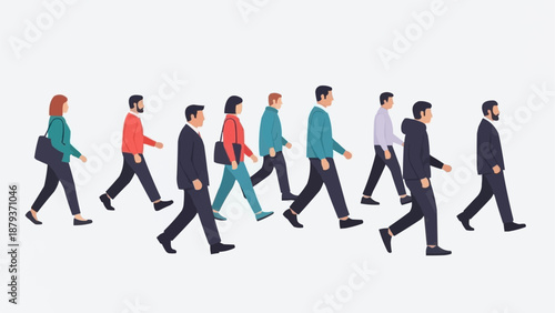 Diverse group of people walking in the same direction together.