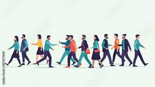 Diverse group of people walking in the same direction together.