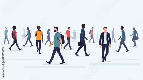 Diverse group of people walking in the same direction.