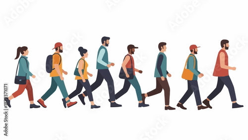 Diverse group of people walking together in a line.