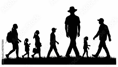 Diverse group of people walking together in silhouette.