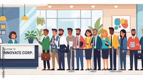 Diverse group of people waiting in line at a corporate reception desk.