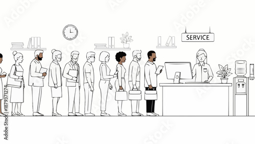 Diverse group of people waiting in line at a service counter.