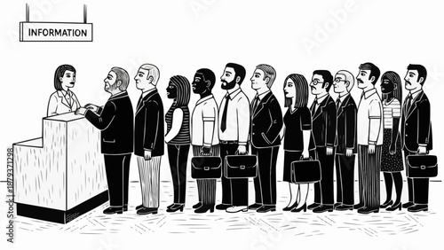 Diverse group of people waiting in line at an information desk.